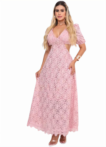 Vestido Manga Curta Renda Com Paetê Longuete Decote Luxo 