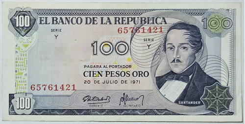 Billete 100 Pesos 20/jul/1971 8 Digitos Colombia Xf