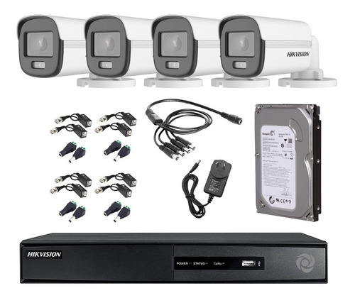 Imagen 1 de 10 de Kit Seguridad Hikvision Dvr 4ch + 4 Camara 2mp Colorvu +disc