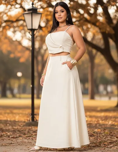 Modelo vestindo conjunto off-white de cropped e saia longa em ambiente externo com iluminação natural.