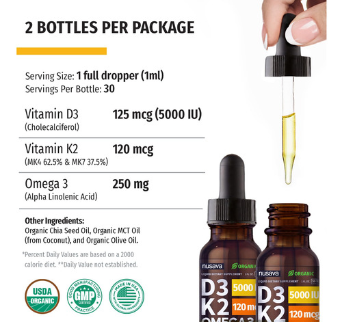 Nusava Gotas Orgánicas Vitamina D3 K2 Con Aceite Mct Omega 3