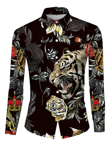 Camisa De Tigre Estampada De Manga Larga Para Hombre [h]