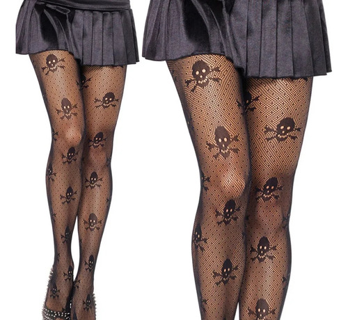 Imagen 2 de 6 de 2 Pantimedias Medias Largas Calavera Malla Mujer