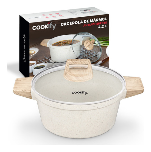 Olla Cacerola Antiadherente 24 Cm Con Tapa Cookify 4.2 Lts. | Stone-tech Series | Libre De Pfoa, Cocción Uniforme, Mango Ergonómico. Color Mármol Beige