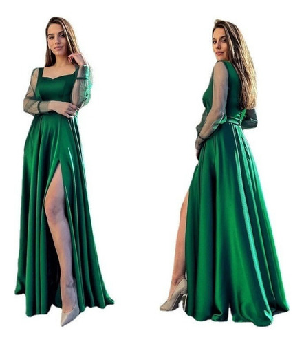 Vestido De Fiestas Elegantes Manga Larga De Verde