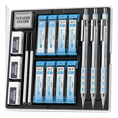 Set Portaminas Plateados Azules Punta 0.7mm Con Minas 3 Pz Plateado