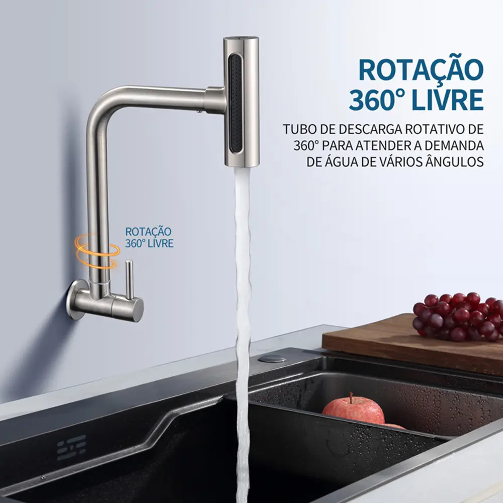 Torneira Gourmet Parede Inox 304 Prateado 4 Funções Fria Prateado Escovado
