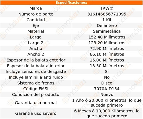 Balatas Semimetalicas Delanteras Gmc Caballero 78/87 Trw