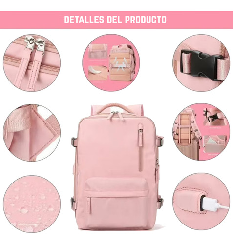 Mochila Urbana Impermeable Cabina Avion Equipaje Carry On Mochila Viajera Viral Usb Unisex Color Rosa