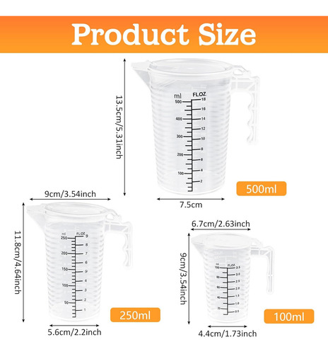 3 Tazas Medidoras Graduadas De 100 Ml, 250 Ml Y 500 Ml