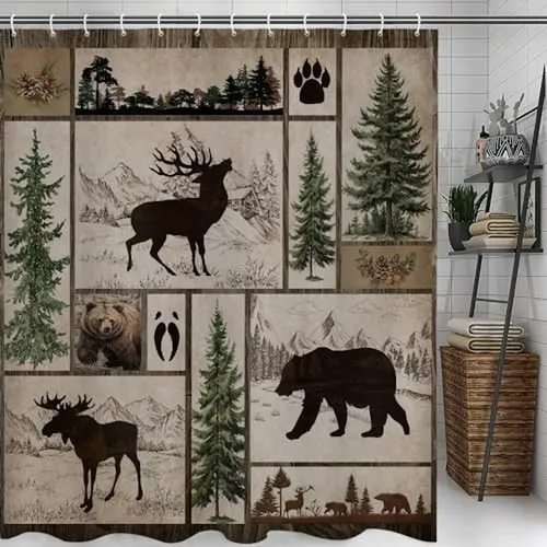 Cortina De Baño Rústica Con Osos Y Alces - Decoración Campes