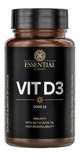 Vitamina D 2000ui (120 Softgel) Vit D3 Essential Nutrition Sabor Sem Sabor