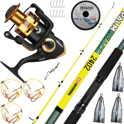 Combo Pesca Waterdog Caña 2,40 2tram Reel Tanza Linea Plomos