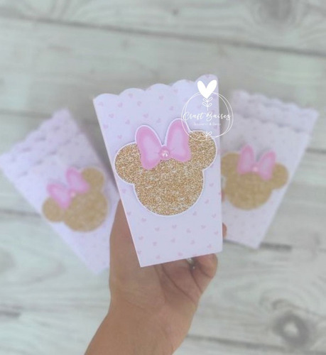 25 Caja Pochoclera Personalizada Minnie Mouse Rosa Y Dorado