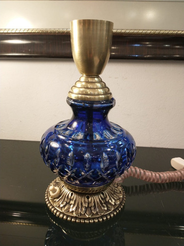 Antigua Lámpara Velador De Bronce Y Cristal Azul