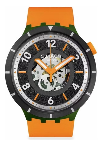 Reloj Swatch Sb03g107 Fall-iage Malla Naranja Bisel Negro Fondo Negro