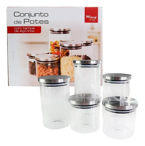Kit 5 Potes Wincy Mantimentos Vidro Tampa Inox Cor Prateado