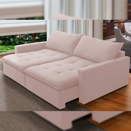 Sofá Cama Retrátil Reclinável Sala 208cm Lari Veludo Rosê