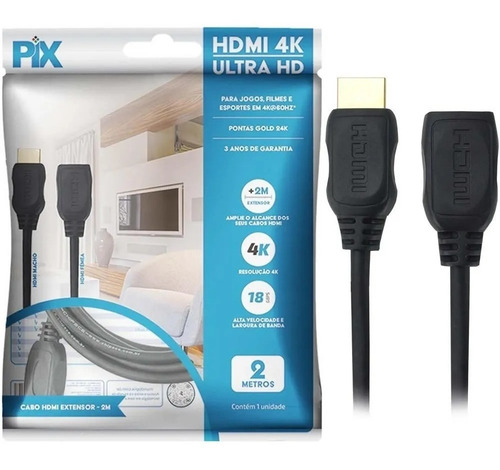 Extensor De Cabo Hdmi 4k 2.0 Hdr Pix Macho X Fêmea 2 Metros