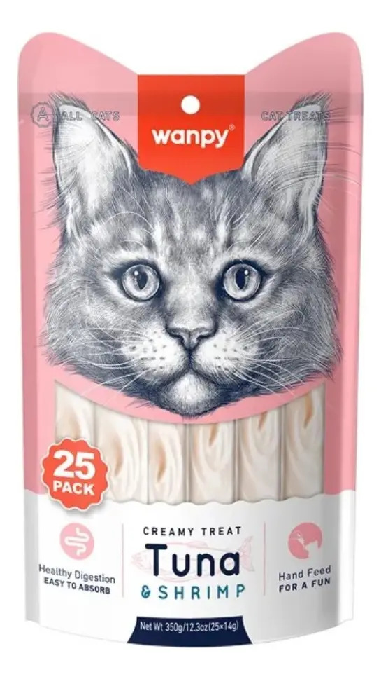 Petisco Gato Wanpy Creamy Atum Camarão 350g 25 Und 14g Cada