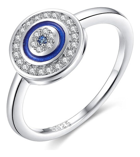 Redondo Azul Mal Ojo Anillo En Plata 925 W Circonita Esmalte