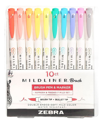 Marcadores Mildliner Brush Pen Colores Suaves Zebra 10 Pzs