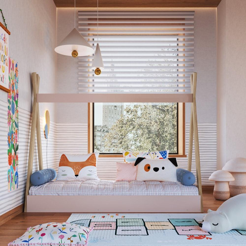 Cama Infantil Cabana Com Colchão Mdf Marrom Madeira Rosa