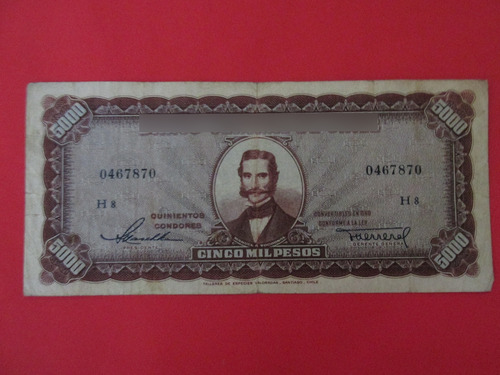 Billete Chile 5.000 Pesos Firmado Maschke-herrera 1958