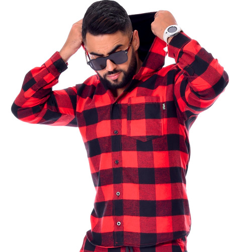 Camisa Masculina Xadrez Flanelada Com Capuz Tecido Grosso