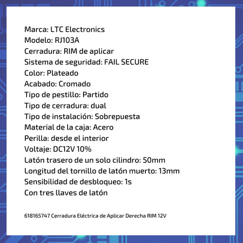 Imagen 6 de 10 de Cerradura Electrica Rim De Aplicar 12 V Derecha Rj103a