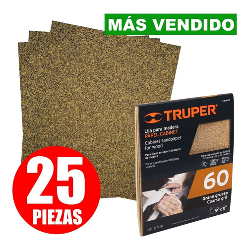 Lija Para Madera 25 Piezas Grano 60 Papel Cabinet C11609