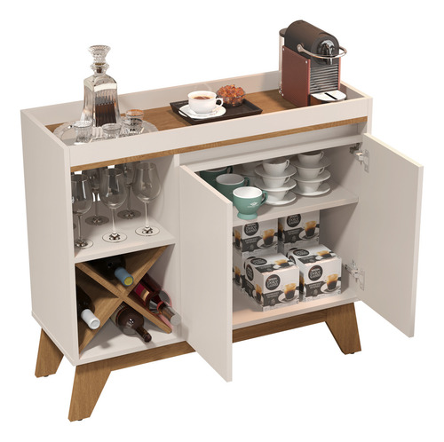 Buffet Barzinho Porto Belo 2 Portas Aparador Adega Bebidas Cor Off White / Freijó