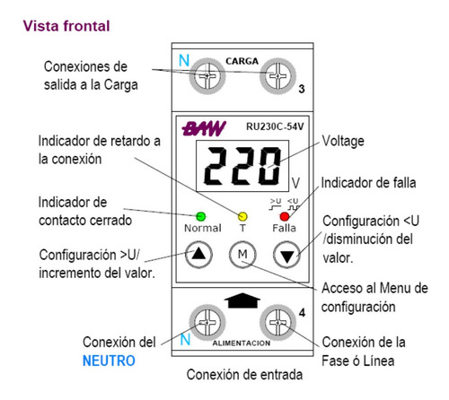 Imagen 2 de 4 de Protector De Tension Monofásica Baw Display Riel Din 32amp