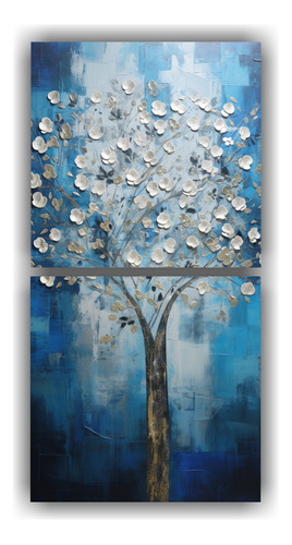 140x70cm Lienzos De Tela Tema Floral Árbol Azul Y Plateado