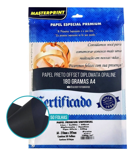 Papel Preto A4 180g Diplomata Offset 50 Folhas Masterprint