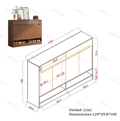 Zapatera Sencillo Organizador Ligero Con 2 Cajones 4 Puertas Roble 100x120x30 Ambueco E013