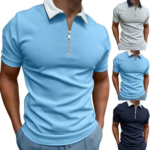 Camisa Polo Masculina De Color Sólida, Manga Corta, Cremalle