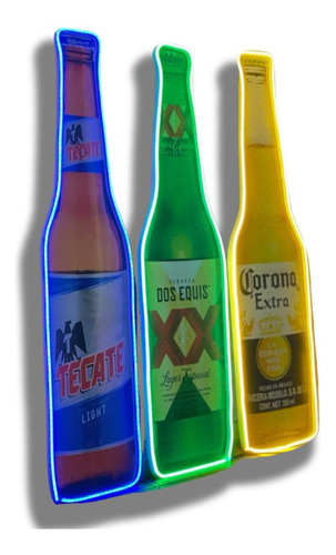 Letrero Led Neón Botellas Cerveza 84x24cm Personalizable