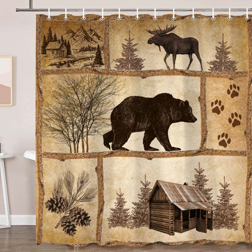 Juego De Cortinas De Ducha De Cabana Rustica, Diseno De Oso 