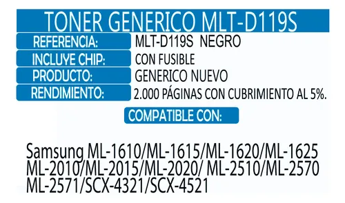 Toner Generico Mlt119s Para Ml-1610/ml-2010/ml-2015/scx-452