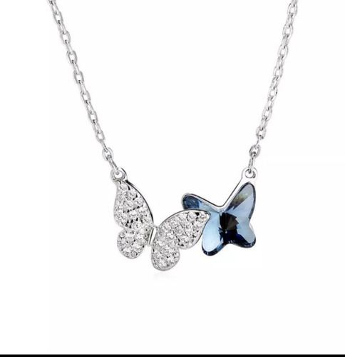 Collar De Plata Ley 925 C/mariposas Circones Y Cristal Azul 