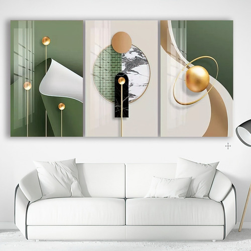 Cuadros Decorativos Abstractos Verde Y Dorado ltop-decor Geométricos Para Sala 3 Unidades