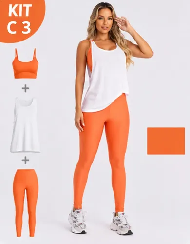 KIT 3 PEÇA FITNESS ROUPA ACADEMIA LEGGING + CROPPED + REGATA LARANJA P