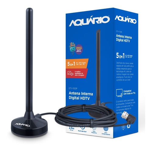 Antena Digital Aquário 5 Em 1 Vhf Uhf Fm Hdtv 4k - Dtv100p