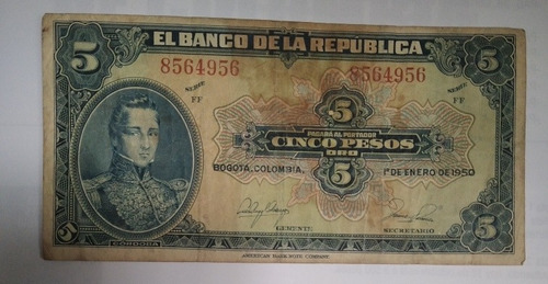 Billete De 5 Pesos Año 1950, Estado Bueno 6