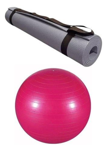Colchonete Yoga Tapete Bola Exercicios 65 Cm Kit Com 2 Peças Cor Cinza/Rosa