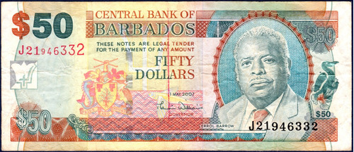 50 Dólares 01 5 2007 Billete De Barbados Errol Barrow