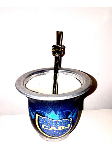 Mate Boca Juniors + Bombilla Con Escudo Cabj Xeneize Regalos Azul Y Amarillo Boca Juniors