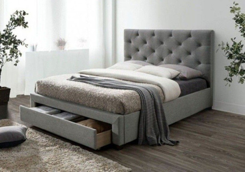 Cama Sybella King, Cama Capitoneada Gris Con Gaveta