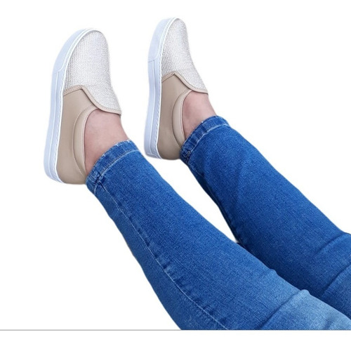 Imagem 2 de 6 de Tênis Feminino Slip On Iate Preto Nude Glitter Brilho Lindo